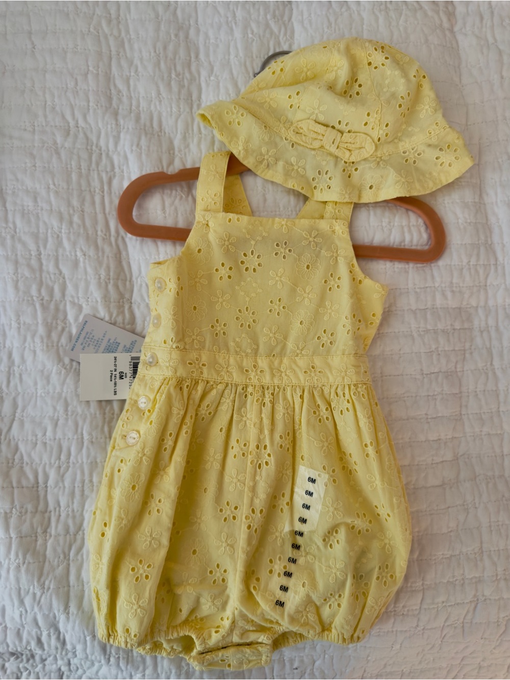 NWT 3-6m Ralph Lauren Baby Girl Eyelet Cotton Bubble Shortall & Hat light yellow